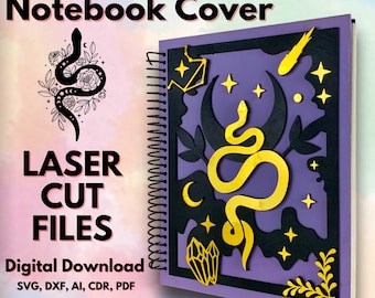 May include: A purple notebook cover with a laser cut design featuring a snake, crescent moons, stars, and crystals. The design is black and gold. The text "Mystical Layered Notebook Cover" is at the top of the image. The text "LASER CUT FILES" is in the lower left corner. The text "Digital Download SVG, DXF, AI, CDR, PDF" is in the lower left corner. The text "ZX ZEEM ARTS" is in the lower left corner.