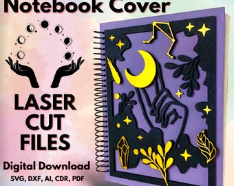 May include: Purple notebook cover with a laser cut design featuring a hand holding a crescent moon, stars, crystals, and leaves. The text "Mystical Layered Notebook Cover" and "LASER CUT FILES" is visible. Digital Download SVG, DXF, AI, CDR, PDF.