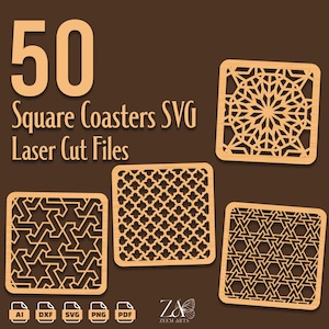 50 quadratische Untersetzer SVG-Dateien & Laser Cut-Dateien für Glowforge, CNC, Laser-Schneidemaschinen, Holzuntersetzer, benutzerdefinierte Untersetzer
