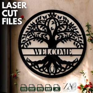 Árvore da Vida Split Monograma Sinal de Boas-vindas Arquivos SVG e Modelo de Arquivos de Corte a Laser para Glowforge, CNC, Plasma, Máquinas de Corte a Laser,