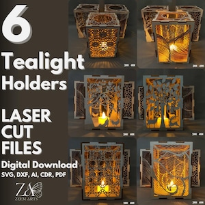 6 Tealight Holder Laser Cut Files & SVG Files Template for Glowforge, CNC, Laser Cutting Machines, Tea Light Holder, Lantern, Candle Holder