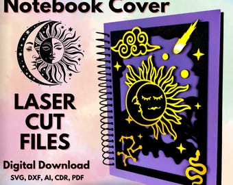 May include: A purple notebook cover with a laser cut design featuring a sun and moon with a sleeping face, clouds, stars, and a comet. The text "Mystical Layered Notebook Cover" is at the top of the image. The text "LASER CUT FILES" is below the notebook cover. The text "Digital Download SVG, DXF, AI, CDR, PDF" is at the bottom of the image.