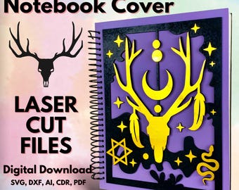 May include: A purple notebook cover with a laser cut design featuring a deer skull, crescent moon, stars, and feathers. The design is in black and gold. The text "Mystical Layered Notebook Cover" is at the top of the image. The text "LASER CUT FILES" is in the lower left corner. The text "Digital Download SVG, DXF, AI, CDR, PDF" is in the lower left corner. The text "ZX ZEEM ARTS" is in the lower left corner.