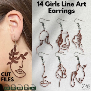 Puede incluir: Una descarga digital de 14 diseños de pendientes de arte de línea con rostros y cuerpos de mujeres. Los diseños son de color marrón y están etiquetados como "14 Girls Line Art Earrings". Los tipos de archivos incluidos son SVG, PDF, EPS, DXF y AI.