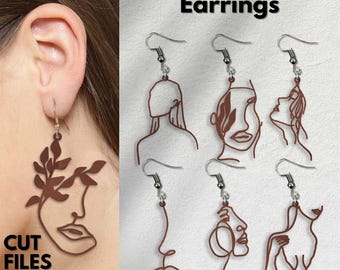 May include: A digital download of 14 line art earring designs featuring women's faces and bodies. The designs are in brown and are labeled "14 Girls Line Art Earrings". The file types included are SVG, PDF, EPS, DXF, and AI.
