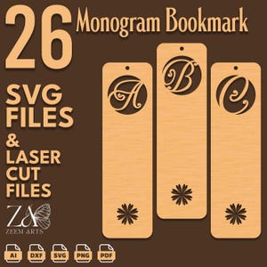 26 monogram gepersonaliseerde bladwijzer SVG-bestanden en lasergesneden bestanden voor Glowforge-, CNC-, laser- en digitale snijmachines, acrylbladwijzer