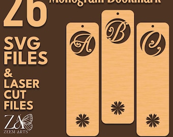 26 Monogram Bookmark SVG Laser Cut Files (Digital Download)
