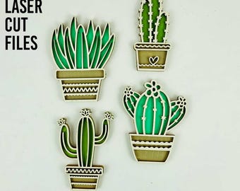 May include: Nine laser cut cactus and succulent designs in a variety of styles. The designs are in shades of green and brown. The files are available in AI, SVG, DXF, PDF, and EPS formats.