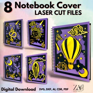 8 mystieke spiraal notebookomslag lasergesneden bestanden en SVG-bestanden sjabloon voor lasersnijden, laser notebookomslag, A4 en A5 notebookomslag