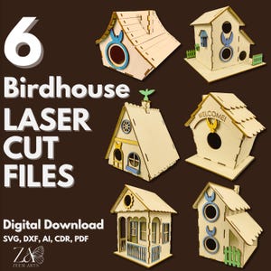 Bird House 6 lasergesneden bestanden en SVG-bestanden sjabloon voor Glowforge-, CNC-, plasma- en lasersnijmachines, vogelvoeder en nestkastjes DXF