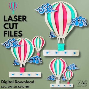 3 archivos cortados por láser y plantillas SVG para colgador de llaves de pared de globos aerostáticos para Glowforge, máquinas de corte láser CNC, plano de colgador de llaves