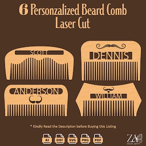 6 personalisierte Bartkamm SVG-Dateien & Laser Cut-Dateien Vorlage für Glowforge, CNC-Laserschneidemaschinen, Haarkamm, Holzkamm, SVG-Kämm