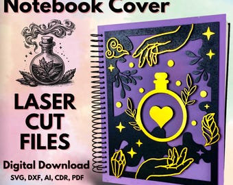 May include: Purple notebook cover with a laser cut design featuring a bottle with a heart, hands, stars, and leaves. The design is in black and yellow. The text "Mystical Layered Notebook Cover" is at the top of the image. The text "LASER CUT FILES" is in the lower left corner. The text "Digital Download SVG, DXF, AI, CDR, PDF" is in the lower left corner. The text "ZX ZEEM ARTS" is in the lower left corner.