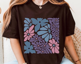 Retro Floral Boho T-Shirt | 70s-Inspired  Purple, Teal & Pink Graphic Tee | Vintage Flower Power Top
