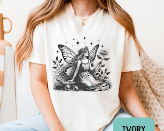 Comfort Colors® Vintage Fairy T-Shirt: Boho Floral Graphic Tee, Fairycore Style