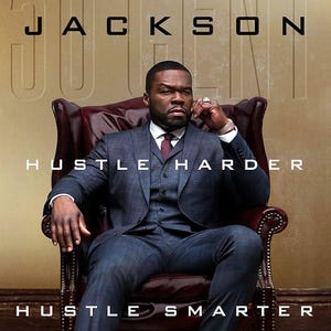May include: Image features Curtis Jackson, seated in a leather chair, wearing a plaid suit with a burgundy tie. The text "CURTIS JACKSON" is at the top, with "HUSTLE HARDER" and "HUSTLE SMARTER" below.