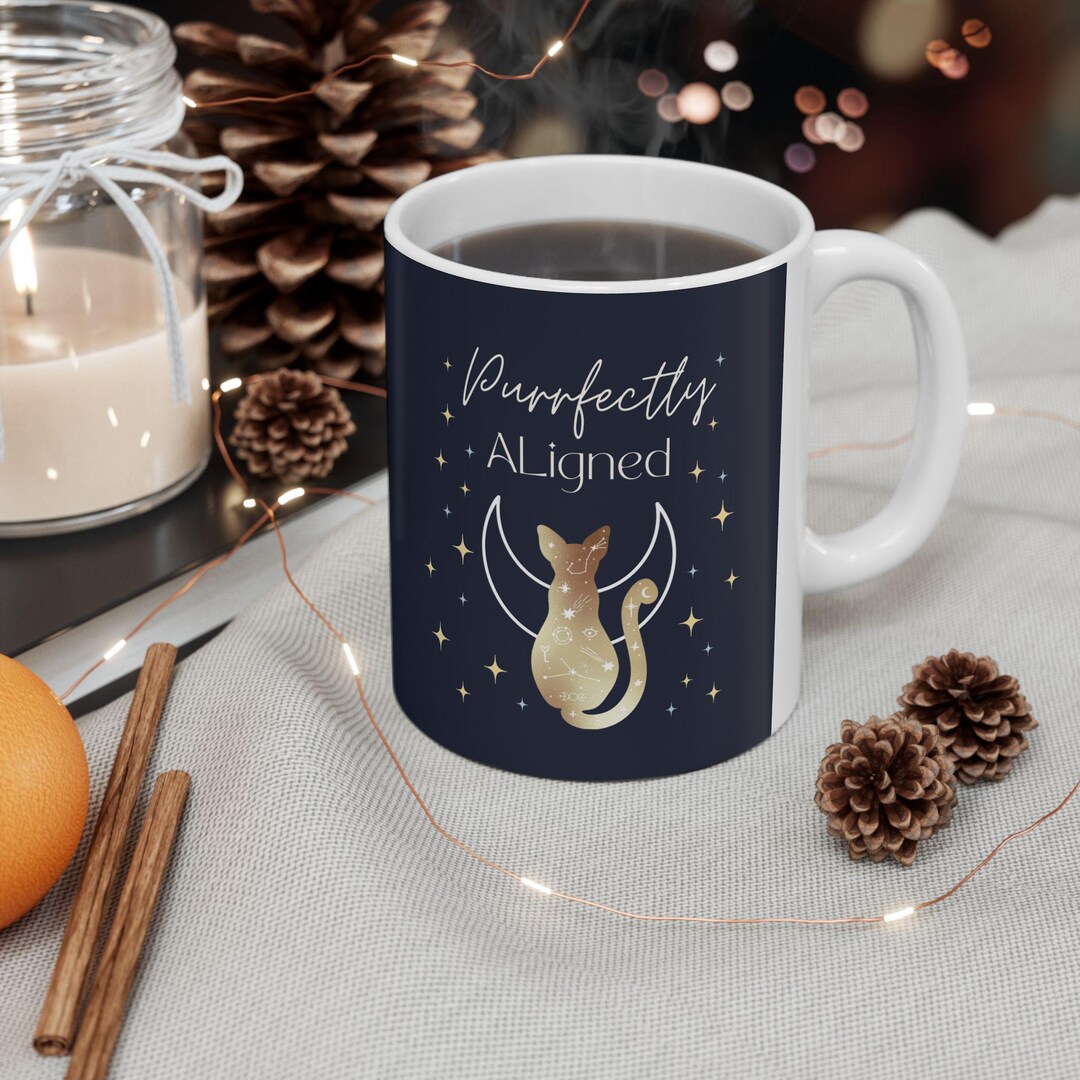 Celestial Cat Moon Mug | Purrfectly Aligned Night Sky and Stars Ceramic ...