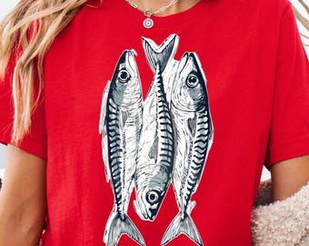 Hand-Drawn Fish Graphic Tee: Retro Tattoo Style Comfort Colors Shirt