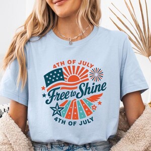 Free to Shine 4th of July Shirt, Retro Patriotic T-Shirt, American Flag Graphic Tee, Independence Day Outfit, USA Summer Shirt Women