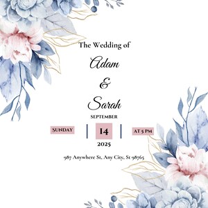 Bearbeitbare Blaue Blume Hochzeitseinladungskarte / Blumiges Thema / Hochzeitskartenvorlage / Online Vorlage