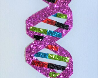 DNA double helix framed pink rainbow glitter collage print 5 x 7 Science biology genetics art gift molecule