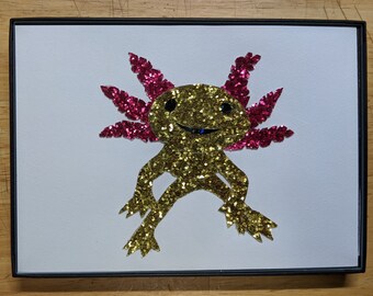 Axolotl Mexican salamander framed glitter collage print 5 x 7 Science biology genetics art gift regeneration