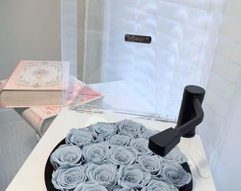 Luxe Forever Rose-speaker | Grijsblauwe geconserveerde rozen | Modern bluetooth-grammofoondecor