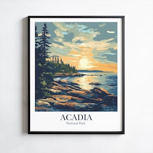 Póster vertical del Parque Nacional Acadia, impresión de viaje a Maine, arte mural panorámico, decoración del hogar, idea de regalo, arte del parque nacional, decoración de pared colgante