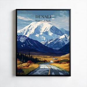 Póster del Parque Nacional Denali, impresión, arte de pared, impresión de Alaska, arte de pared de viajes panorámicos, decoración de pared colgante, impresiones de la naturaleza, regalo de viajero