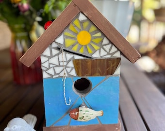 Birdhouse, Mosaic Birdhouse: Stained Glass & Embellished Pine, Decorative Display