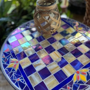 los angeles mosaic umbrella patio tables Miraval Set | Neille Olson Mosaics High durable resin housing and hub Mosaic Table With Umbrella Hole