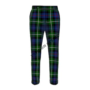 May include: Tartan plaid pants in shades of green, blue, and red. The trousers have a classic straight-leg cut and feature a button and zipper closure. The plaid pattern is a traditional design, suitable for various occasions.