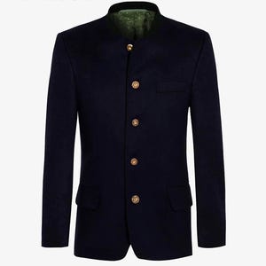May include: A navy blue blazer with a mandarin collar and gold-colored buttons. The jacket has two front pockets and a tailored fit. The lining is a dark green color. This classic blazer is suitable for formal or semi-formal occasions.