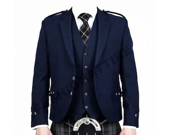 Scottish Navy Blue Wool Argyle Kilt Jacket with Waistcoat: Custom Made Wedding Argyll Jacket For Men