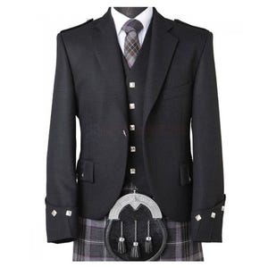 Scottish Men&#39;s Black Serge Wool Argyle Kilt Jacket With Vest - Chest Size 34 to 54 Inches