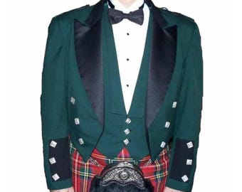 Green Scottish Prince Charlie Kilt Jacket With Waistcoat: Handmade Serge Wool Wedding Kilt Jackets