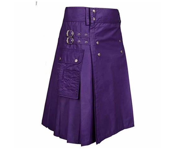Handmade Purple Utility Kilt: Men's Heavy Duty Cotton Fashion Kilt