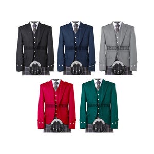 May include: Five sets of Scottish highland attire featuring a jacket, waistcoat, and kilt. The jackets come in black, navy blue, grey, red, and green. Each set includes a patterned kilt, a collared shirt, a tie, and a sporran with three tassels.