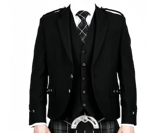 Scottish Black Wool Argyle Kilt Jacket with Waistcoat: Custom Made Wedding Argyll Jacket For Men
