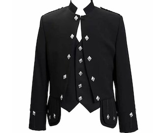 Black Scottish Doublet Kilt Jacket with Waistcoat: Handmade Wool Wedding Kilt Jackets For Men