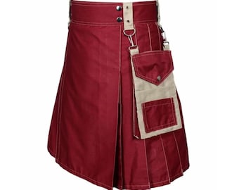 Maroon Utility Kilt: Scottish Cotton Drill Kilt with Cargo Pockets