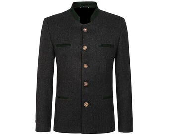 May include: A dark gray wool jacket with a mandarin collar and gold-colored buttons. The jacket has dark green trim on the collar and pockets, and is a traditional style.