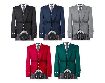 Handmade Serge Wool Argyle Kilt Jacket & Waistcoat: Scottish Wedding Argyll Jackets For Men