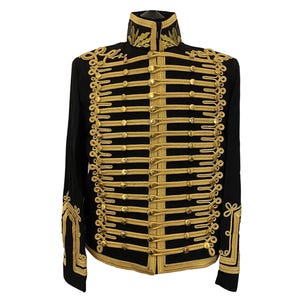 Custom Made Men&#39;s Black Napoleonic Wool Hussar Jacket - Military Style Uniform Tunic Pelisse Jimi Hendrix Hussar Jacket With Gold Braiding