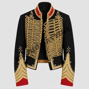 May include: A black military-style jacket featuring a high collar with red trim and gold embroidery. The front is adorned with gold braided cord loops and spherical gold buttons. The sleeves have gold embroidered cuffs with red accents.