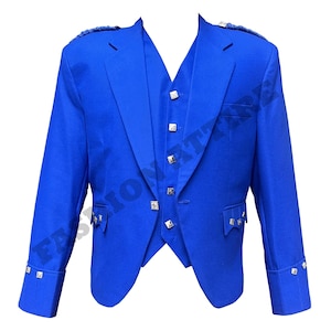 Royal Blue Argyle Kilt Jacke mit Weste - Schottische Herren 100% Blazer Wolle Hochzeitsjacke - Handgefertigte Argyll Kilt Jacke Größe 34 bis 54 Zoll