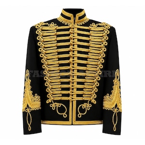 Schwarze Napoleonische Militär-Hussarenjacke für Herren mit Goldborte - Gothic Steampunk-Zeremonialmantel