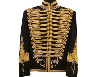 Men's Napoleonic Hussar Military Jacket:  Handmade Wool Coat With Gold Braiding