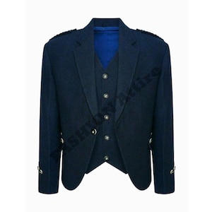 Veste kilt à carreaux en laine tweed bleu écossais avec gilet - Veste kilt de mariage pour homme - Tour de poitrine de 34 à 54 pouces