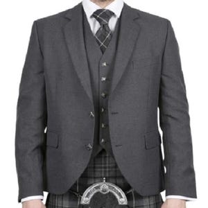 Veste kilt en laine sergé gris écossais pour hommes avec gilet avec gilet - Veste à motifs à carreaux à motifs main - Veste kilt de mariage | Tour de poitrine de 34 à 54 pouces